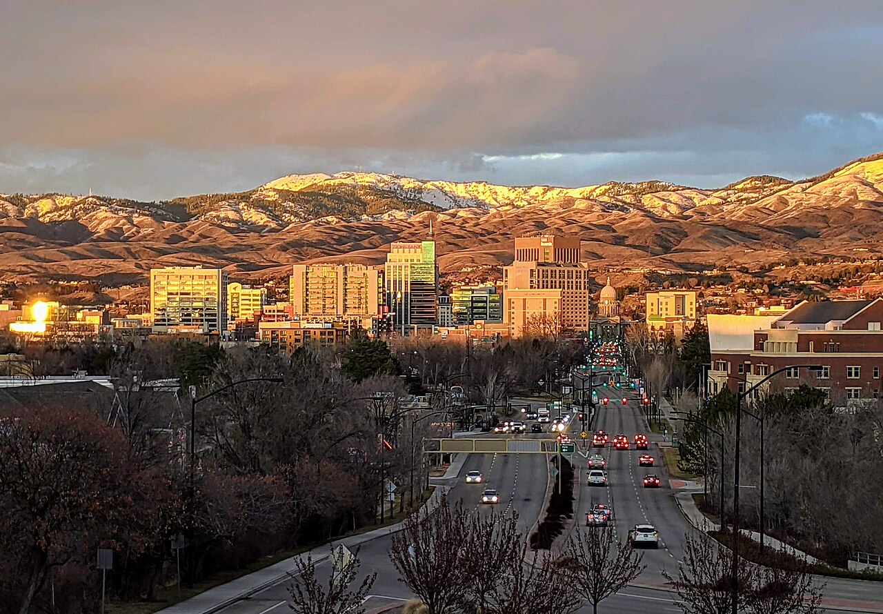 Downtown Boise, Idaho, with the foothills behind it.