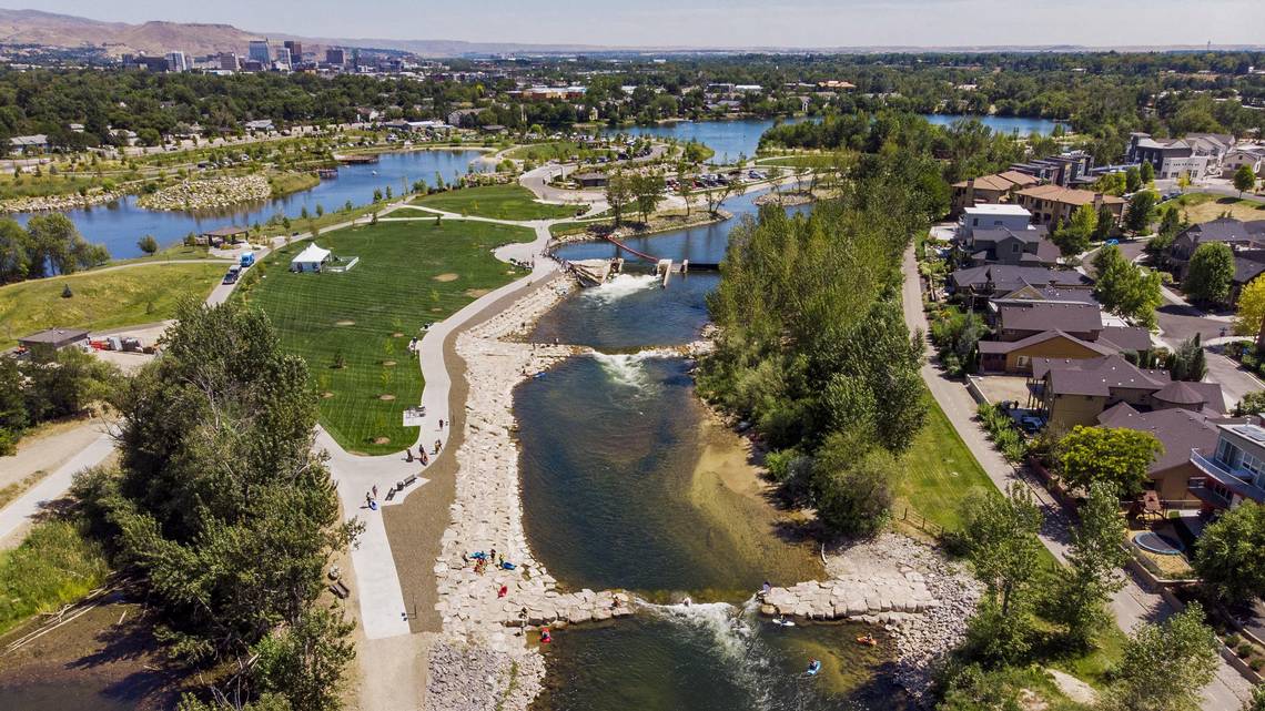 An aerial view of Garden City, Idaho, in summertime.